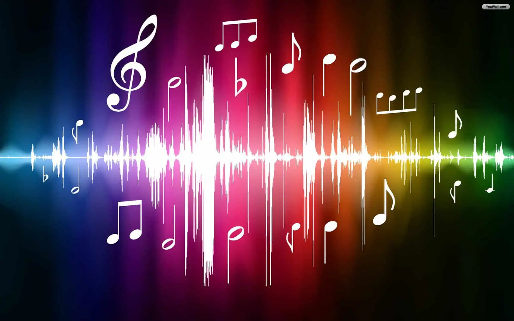 White sound waves on a rainbow-colored background with a variety of white music symbols floating around them