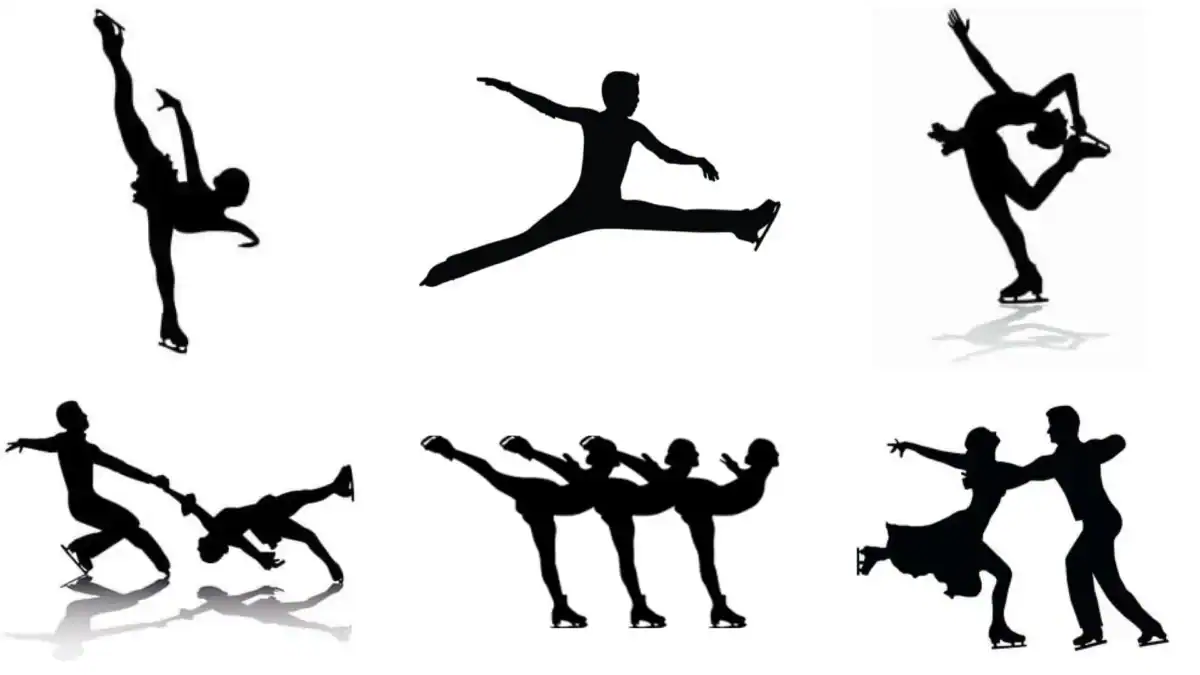 Silhouettes of figure skaters: a female skater performing a spiral, a male skater performing a split jump, a female skater performing a catch-foot spiral, a pairs team performing a death spiral, a synchro team performing spirals in unison, and an ice dance team