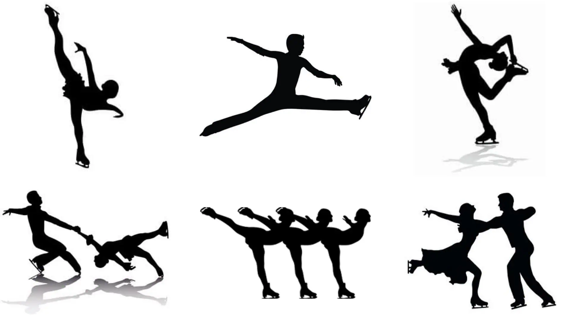 Silhouettes of figure skaters: a female skater performing a spiral, a male skater performing a split jump, a female skater performing a catch-foot spiral, a pairs team performing a death spiral, a synchro team performing spirals in unison, and an ice dance team