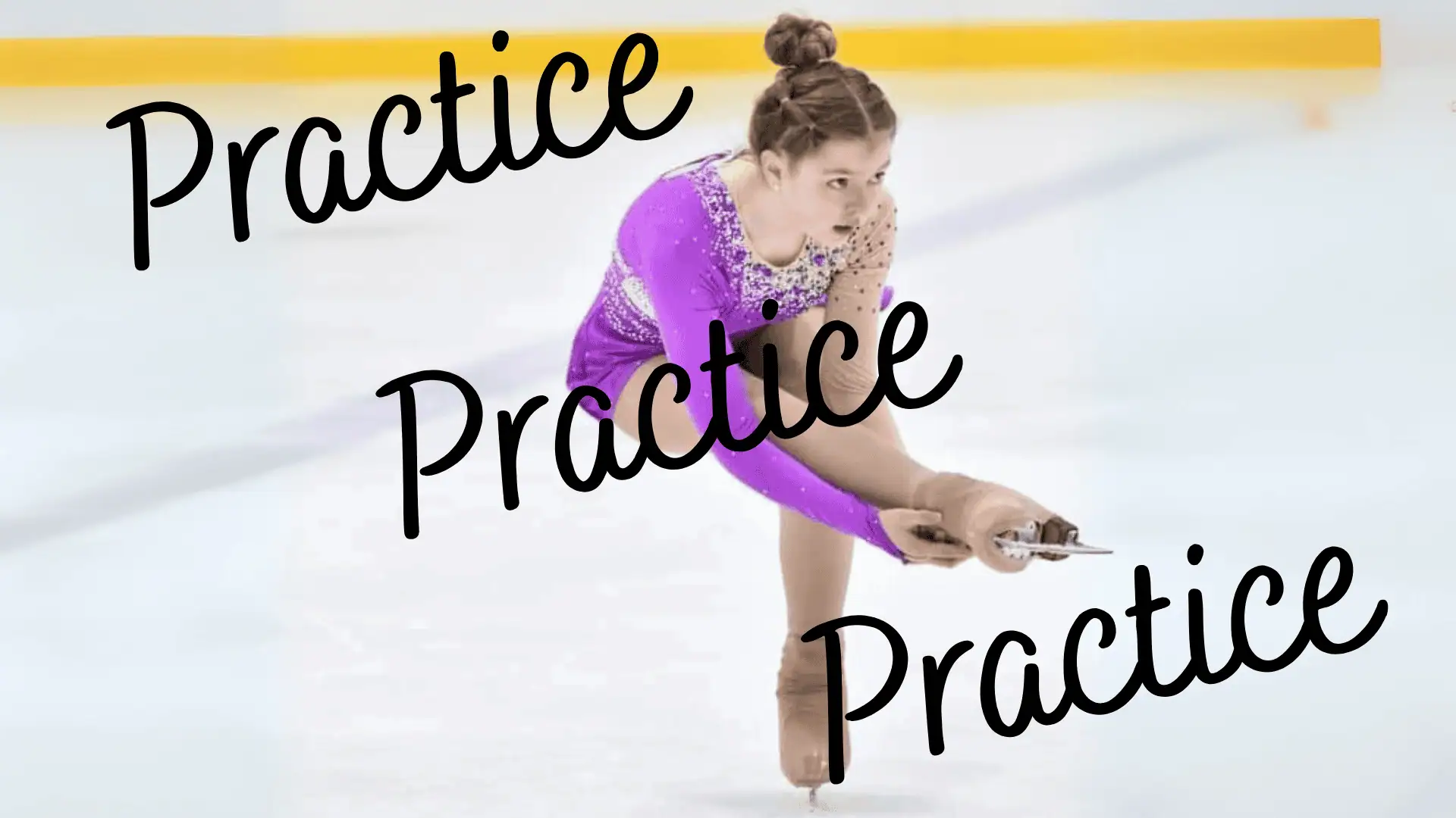 Figure skater in purple skating dress doing a sit spin in the middle of a program with the words "Practice, Practice, Practice" superimposed over her