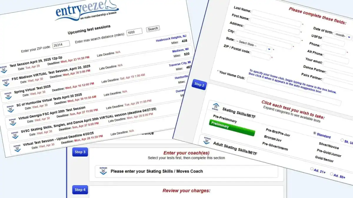 Three screen shots of entryeeze test registration: one showing the list of available tests and the other two showing the actual registration pages