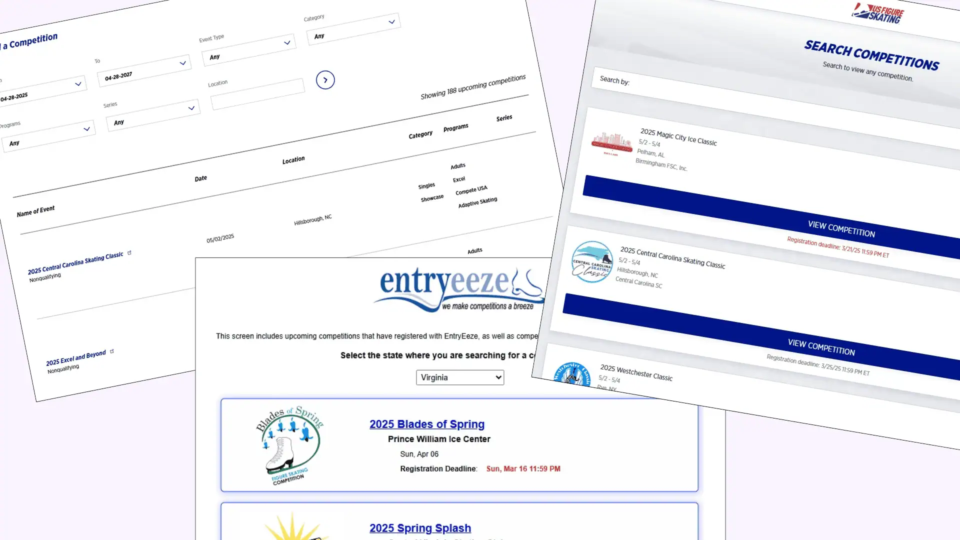 Three screen shots showing the three different ways to find competitions - via the U.S. Figure Skating website, via entryeeze, and via U.S. Figure Skating's Event Management System (EMS)