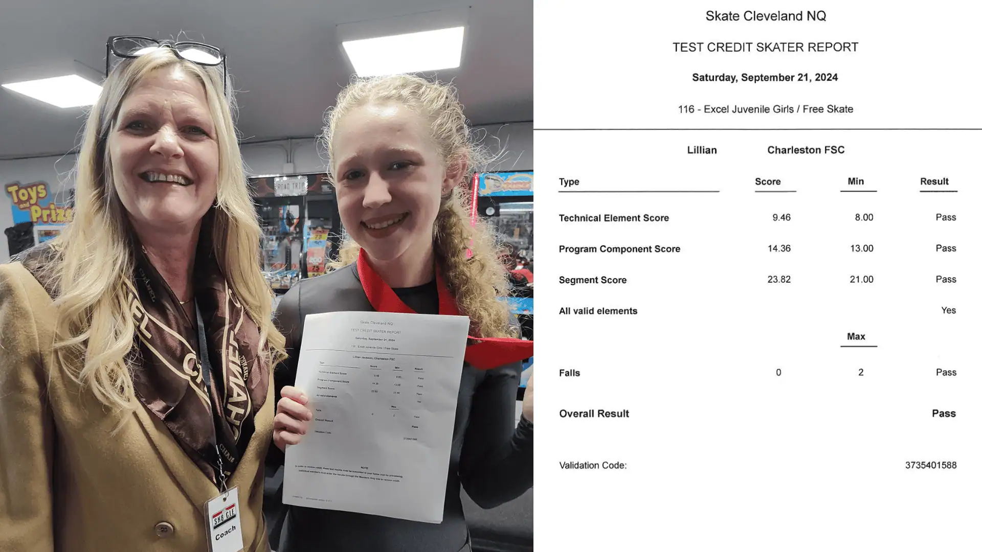 Figure skater holding up her IJS protocol for test credit papers, standing next to her coach, along with a close up of her Test Credit Skater Report
