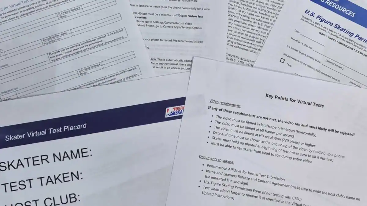 Close-up image of the six test papers to be used for a virtual test: Key Points, Video Instructions, Virtual Test Placard, Affidavit, Name and Likeness Release, and Permission to Test form