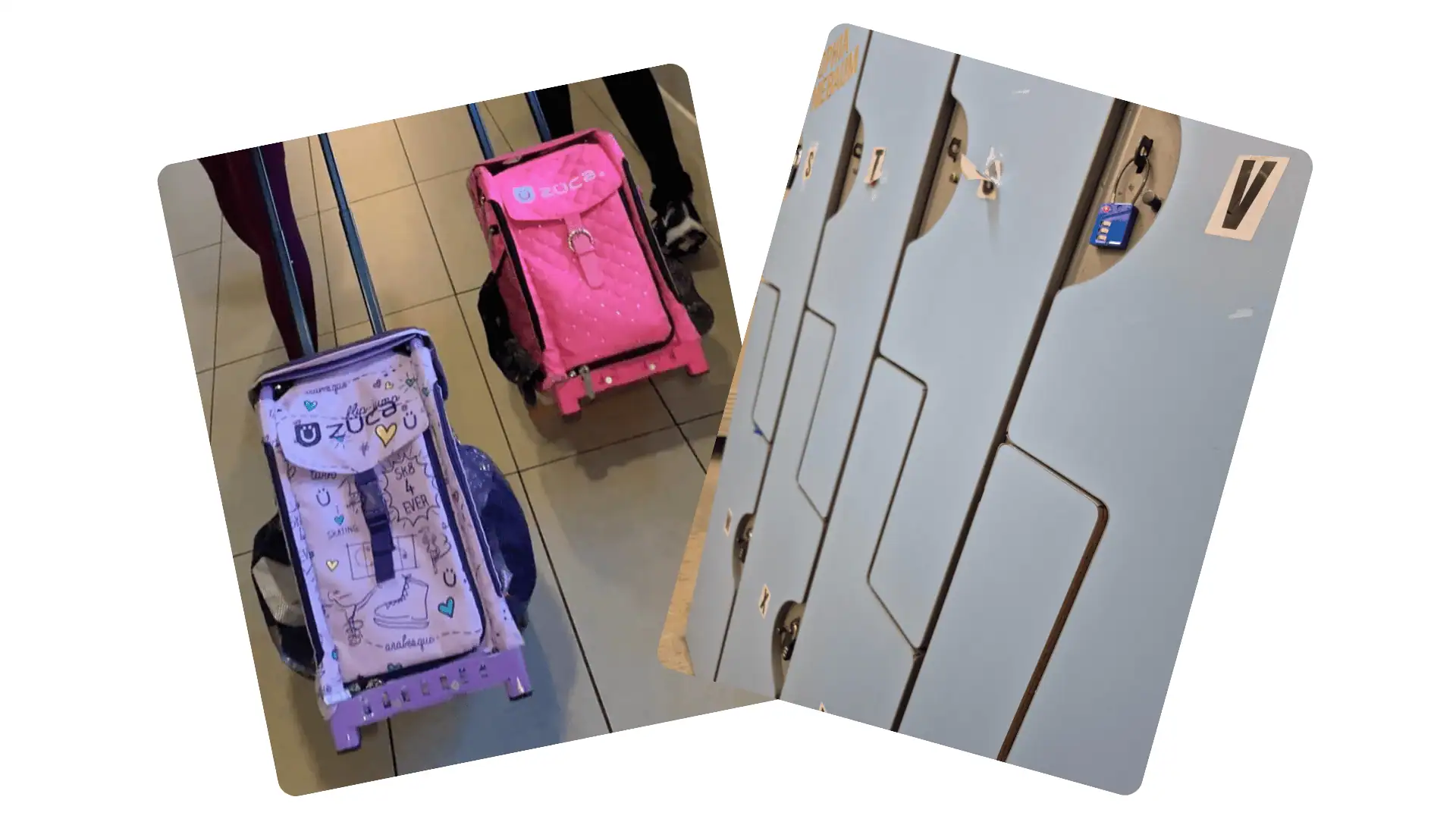 Collage of two pictures: the one of the left shows two Zuca bags, one purple and one pink, used to store and transport figure skates and the associated equipment; the one on the right show a set of eight blue lockers