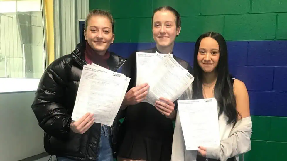 Three figure skaters holding up their test papers from a successful in-person test session