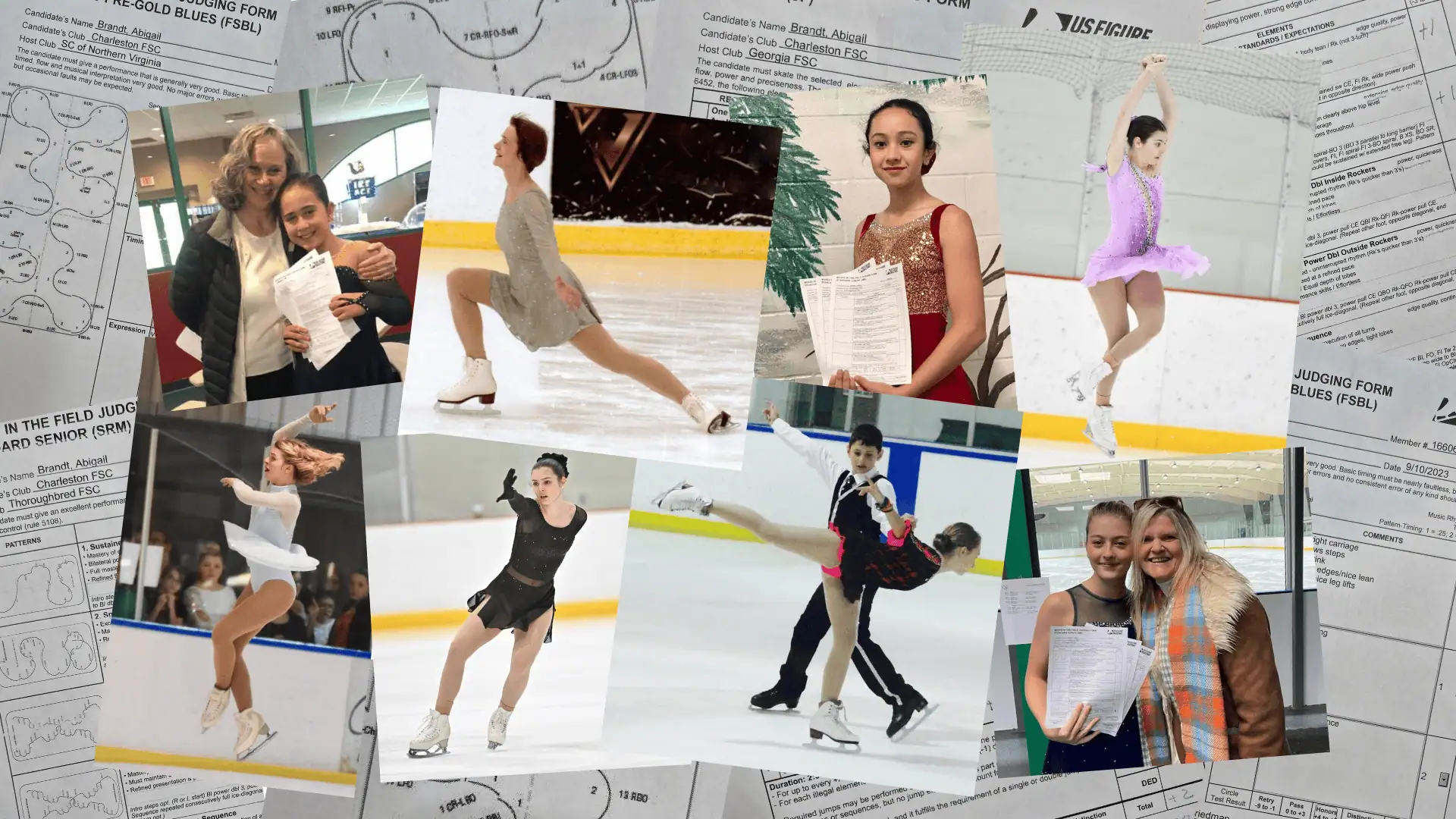 Collage of photos with various test papers and a pattern dance diagram forming a frame and five photos of various skaters and three photos of skaters holding test papers in the middle