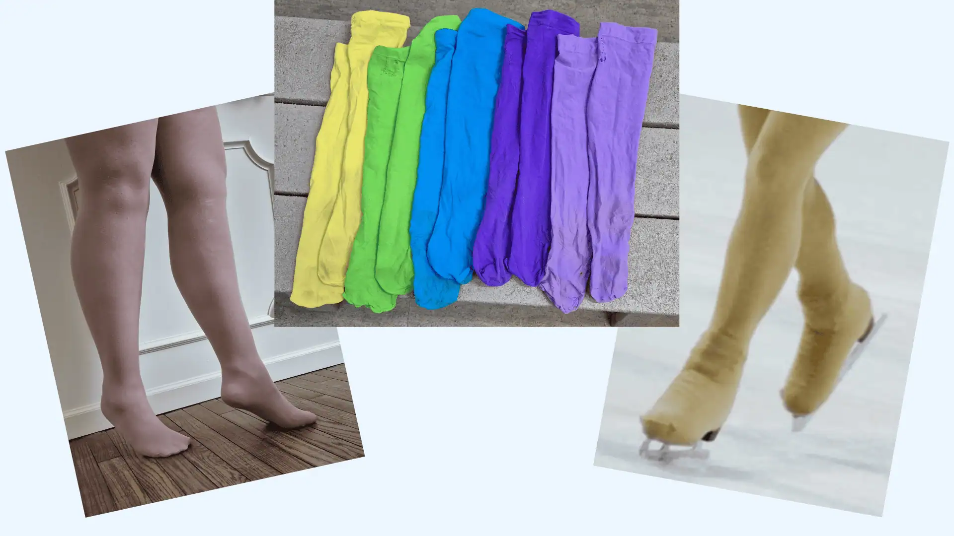 Collage of various skating footwear including (from left to right) footed skating tights; skating socks in yellow, green, blue, dark purple, and light purple; and over-the-boot skating tights