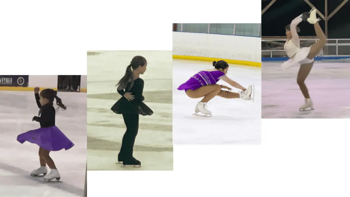Collection of four photos of the same female skater as she progresses through learning spins, starting with a two-foot spin and moving to a sit spin and a Biellmann spin